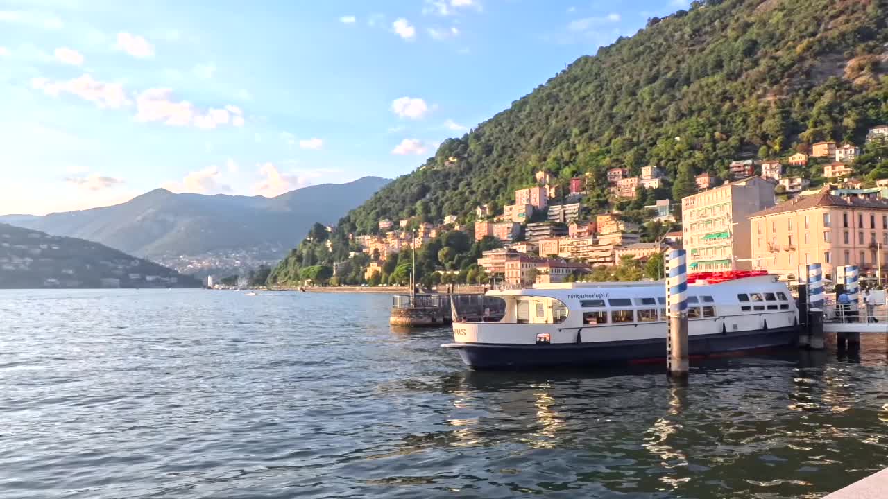 A scenic view of Lake Como panning from left to right at sunset.