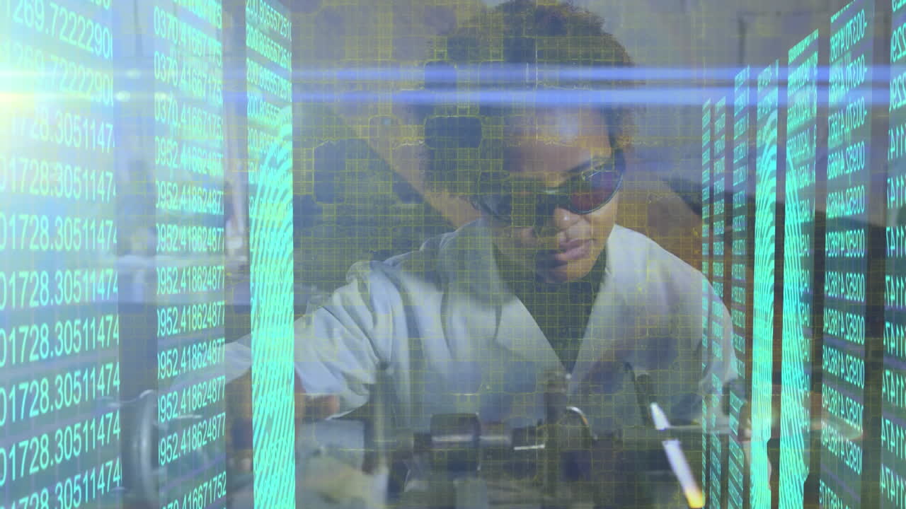 Animation of data processing over african american female scientist working in lab