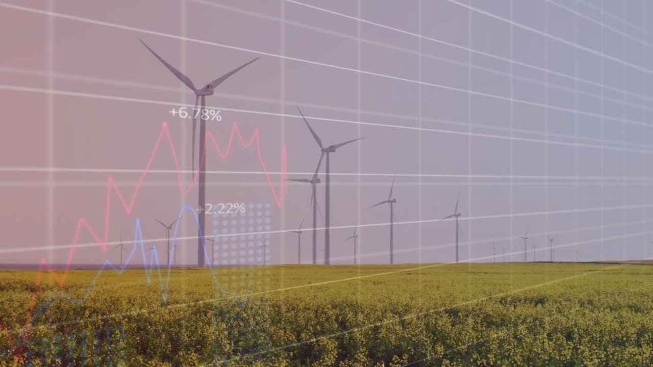 다이어그램의 애니메이션과 풍력 터빈을 가진 현장 데이터 처리