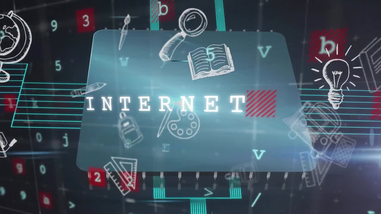 Animation of wireless connection and internet technology text with school items, chalkboard and data