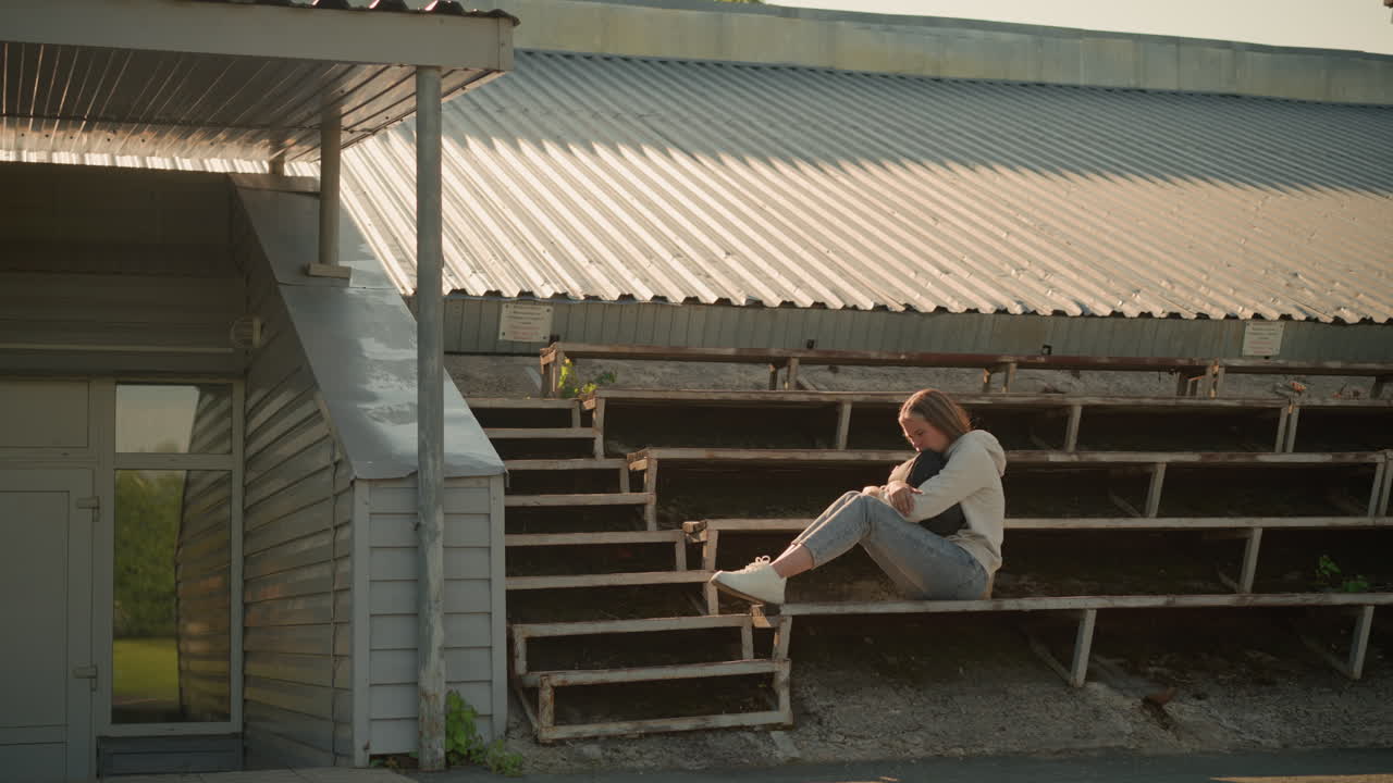 mujer sentada sola en las gradas del estadio en una postura pensativa, manos sosteniendo una bolsa, espejo de la puerta del estadio que refleja el fondo con techo de metal y vegetación natural alrededor