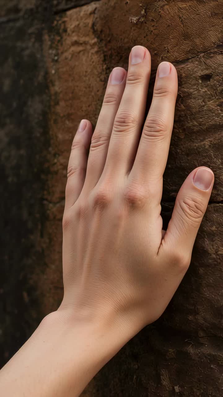 Vertical video: Approaching right hand placing palm on rough bark in close-up, settling fingertips