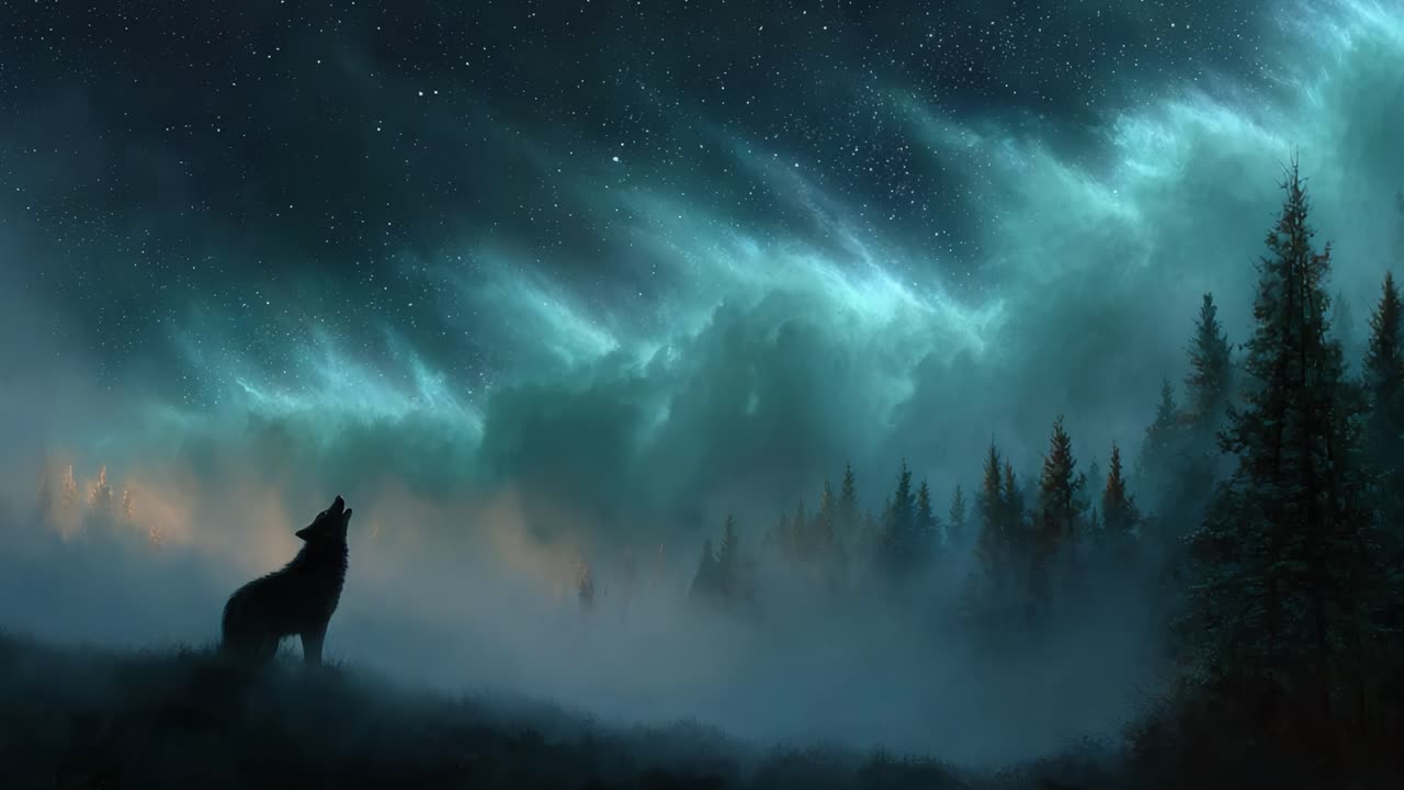 A Beautiful Wolf Howling Under a Starry Sky Amidst Mysterious Clouds and Enchanted Forest: Capturing the Essence of Nature's Nighttime Magic