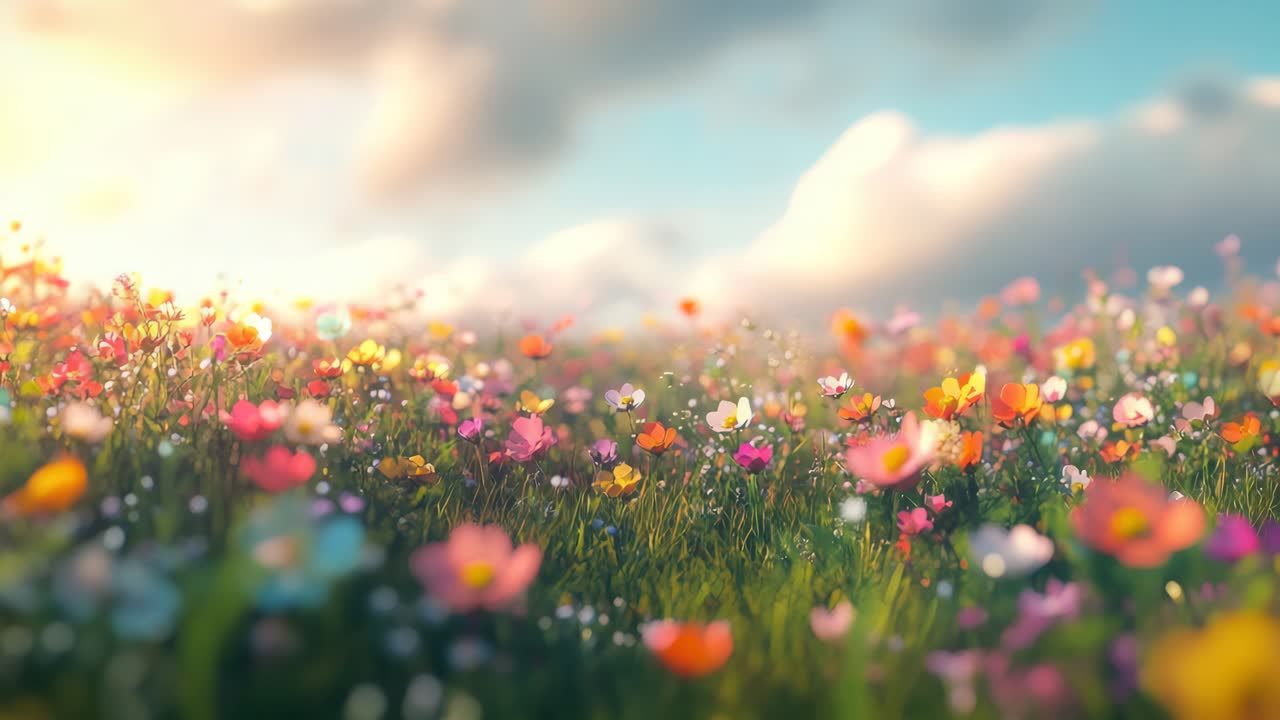 A dreamy, low-angle video shot of a vibrant flower field under a soft, cloudy sky