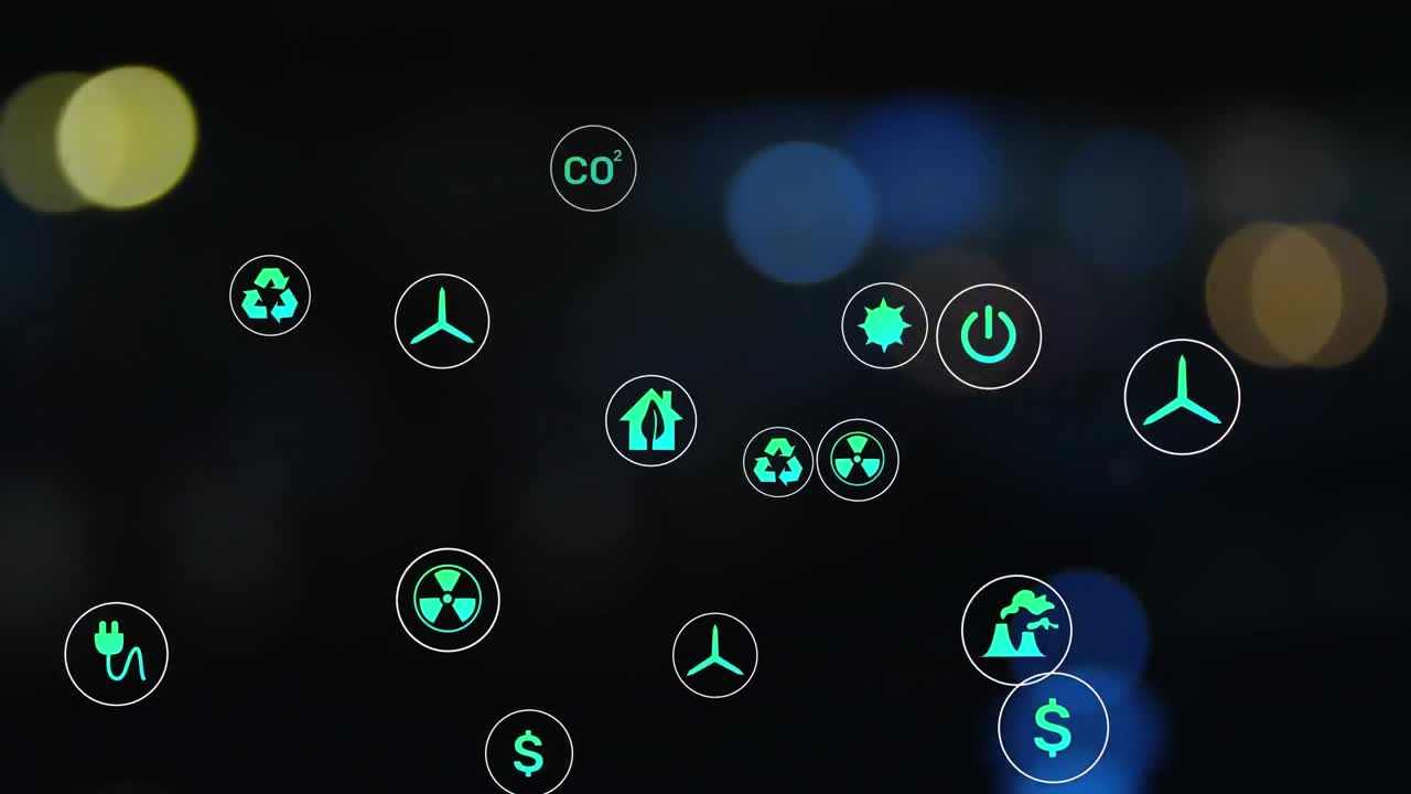 Animazione di più icone digitali su punti luce colorati su sfondo nero.