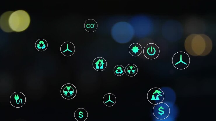 Animazione di più icone digitali su punti luce colorati su sfondo nero.