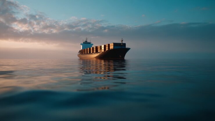 A Majestic Cargo Ship Sailing Through Calm Waters at Dawn, Surrounded by Tranquil Skies and Reflecting Golden Light for a Stunning Maritime Experience