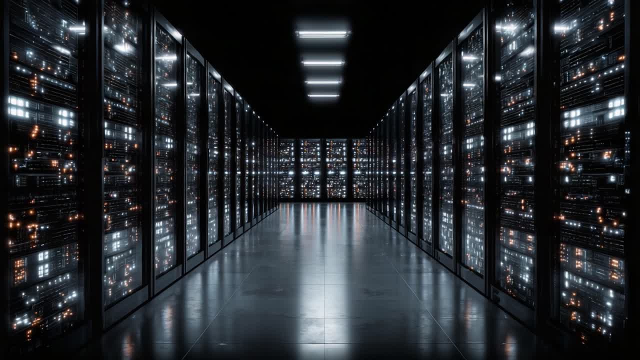 A Stunning Perspective of a Modern Data Center Showcasing High-Tech Server Racks and Advanced Infrastructure Illuminated with Bright LED Lights