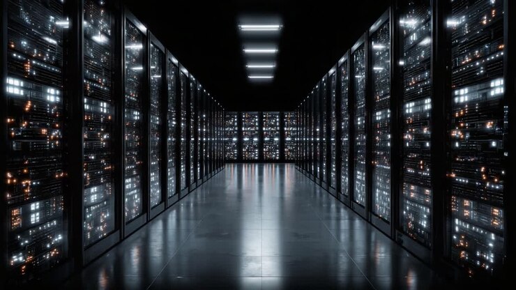 Et fantastisk perspektiv af et moderne datacenter, der viser højteknologiske serverracks og avanceret infrastruktur belyst med klare LED-lys