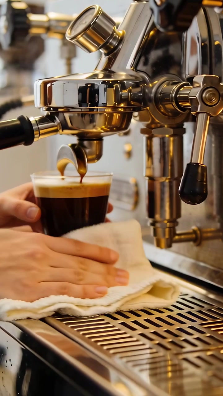 Video verticale: Barista che posiziona un bicchiere sotto il gruppo erogatore, estrae un caffè e pulisce il portafiltro con un panno.