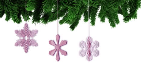 animation of snowflakes christmas decorations with fir tree branches on white background