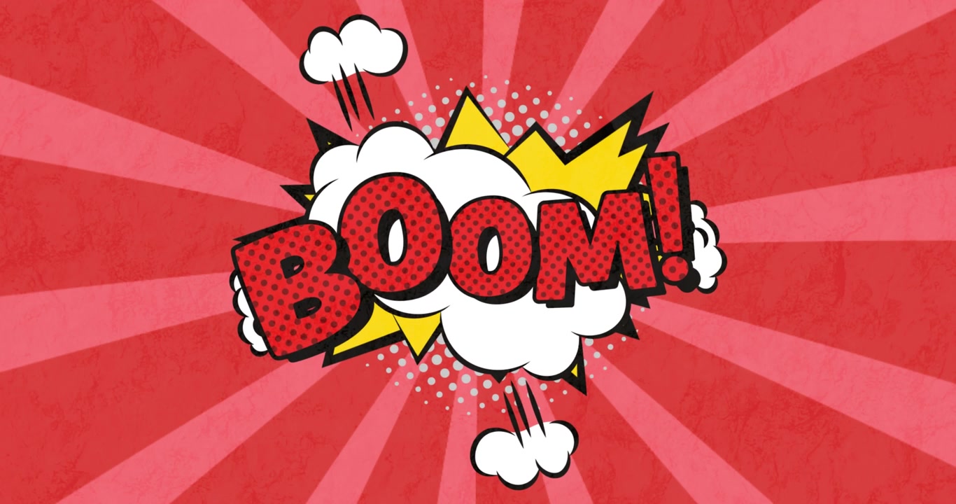 Animazione di testo boom su strisce rosse