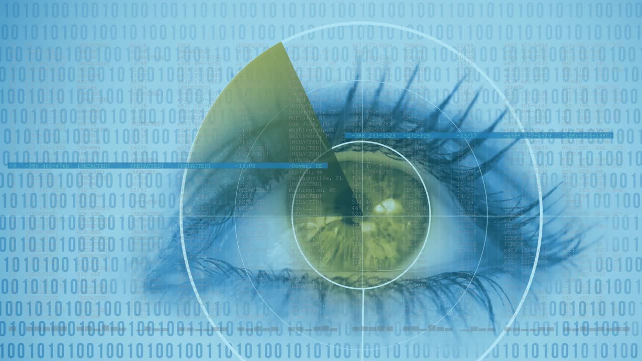 Animation of woman's eye with circular scope scanning iris and digital information