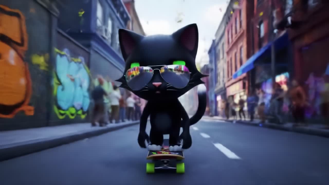 A Cool Cat Skating Through an Urban Street, Sporting Sunglasses and Mastering Tricks on a Skateboard Amidst Colorful Graffiti and Vibrant City Life