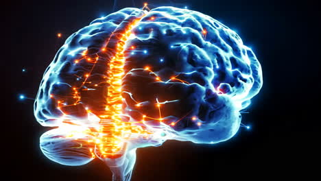 a brain with many lines and dots surrounding it. the brain is surrounded by a blue and orange glow