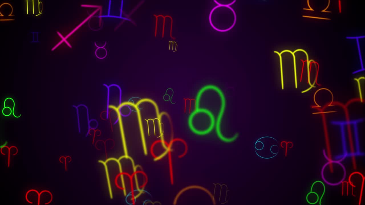 los símbolos de los signos del zodiaco en estilo neón se mezclan con el bucle de fondo para la astrología, el horóscopo, las presentaciones científicas, las webs, etc. también se puede usar en bucles de vj y salvapantallas.
