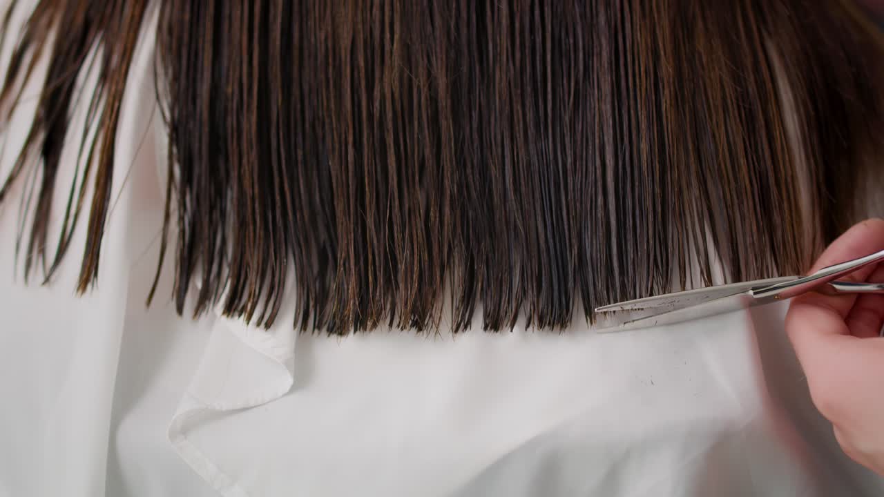 헤어드레이서 가 잘라낸 긴 머리카락 의  ⁇ 드헬드 비디오 쇼