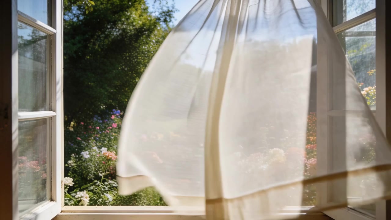 Tenda velata che ondeggia in risposta a una folata d'aria alla finestra di casa, la luce del sole che rivela i fiori del giardino.