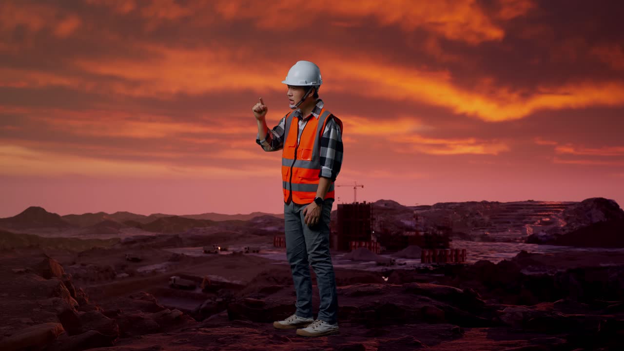 Construction worker at a mining site at sunset