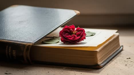 a captivating still life with an open book and a vibrant rose delicately placed on its pages, symbolizing knowledge, beauty, and nature's harmony