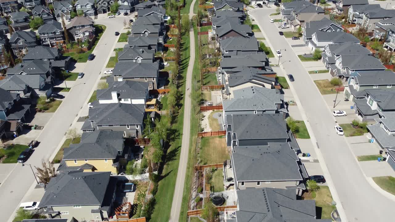 Aerial view of a suburban neighbourhood in Calgary, Alberta in summer.