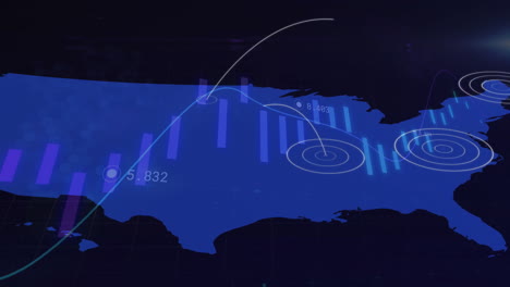 animation of statistics and data processing over map of usa on dark background