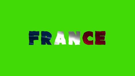 france country wiggle text animation lettering with her waving flag blend in as a texture - green screen background chroma key loopable video