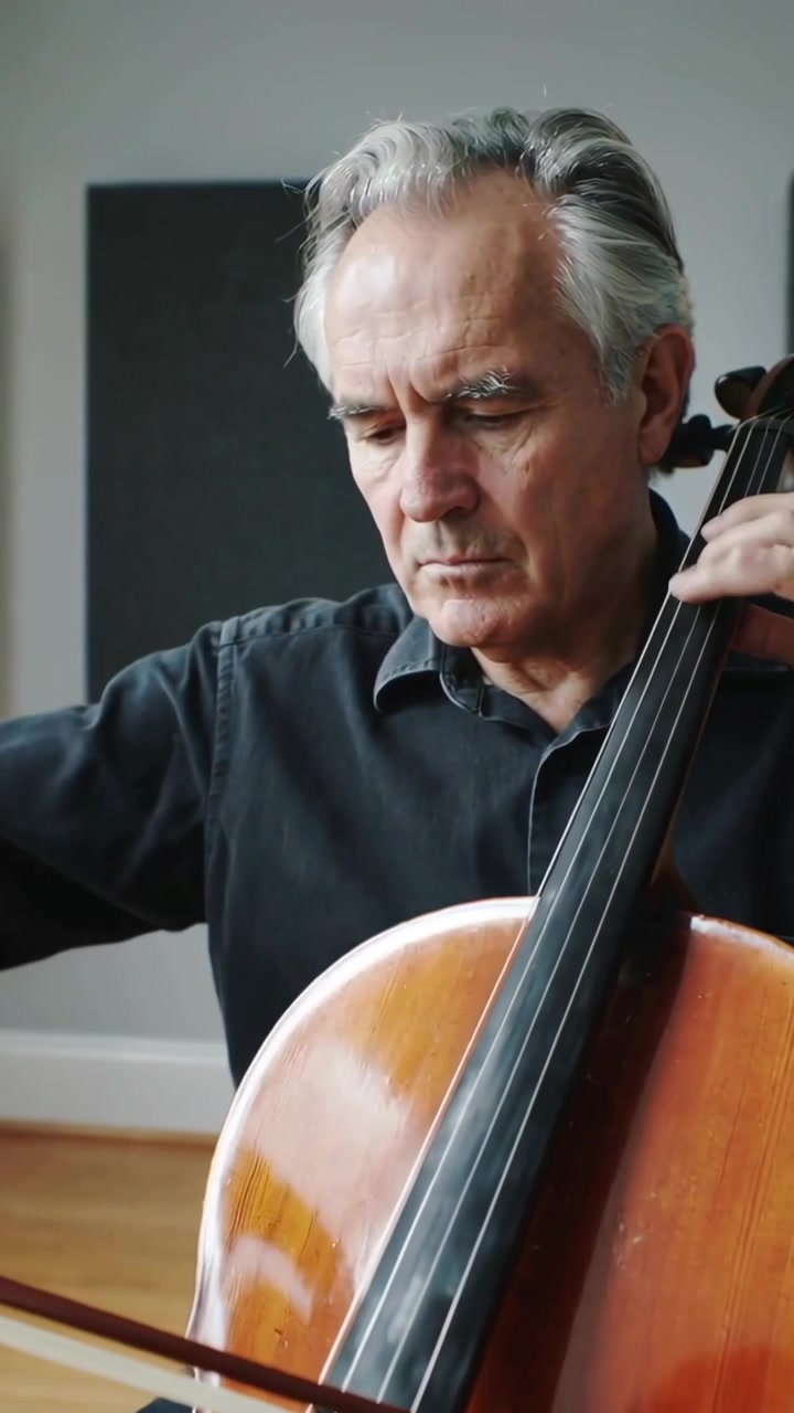 Vídeo vertical: Violoncelista começando o primeiro arco, dedilhando e tocando o violoncelo com o arco no estúdio, com camisa escura