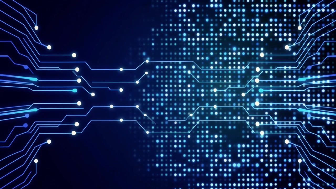Digital Circuit Board Animation with Glowing Data Nodes