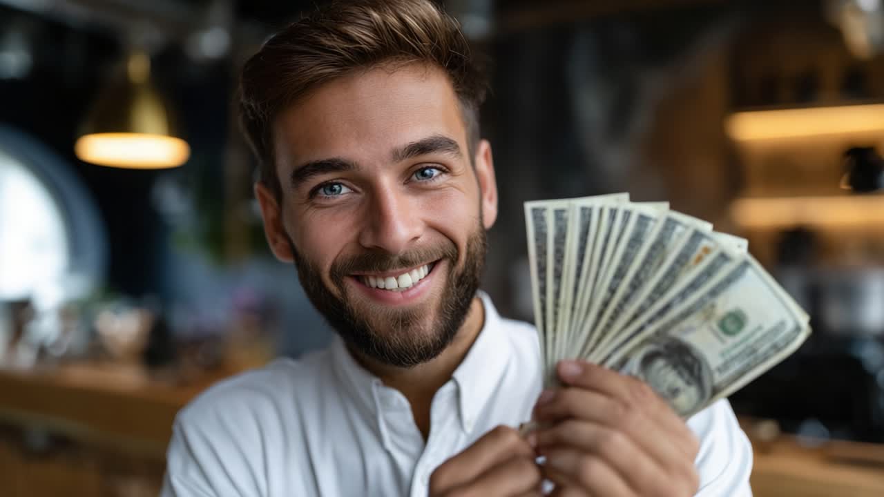 Uomo sorridente che tiene dei contanti: catturare la gioia del successo finanziario in una moderna atmosfera da bar con illuminazione brillante e ambiente caldo