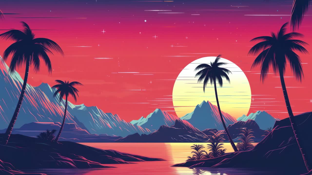 Video di un tramonto vibrante in stile retrò con palme e montagne.