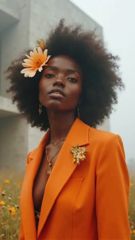 stylish woman in orange blazer with flowers