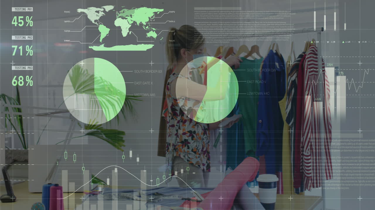 animación de una interfaz digital que muestra estadísticas con una mujer comprobando vestidos con máscaras faciales