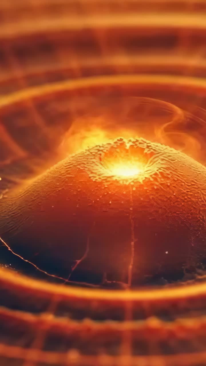 Vertical video: Molten mound pulsing in dark scene with rings smoke wisps and drifting embers