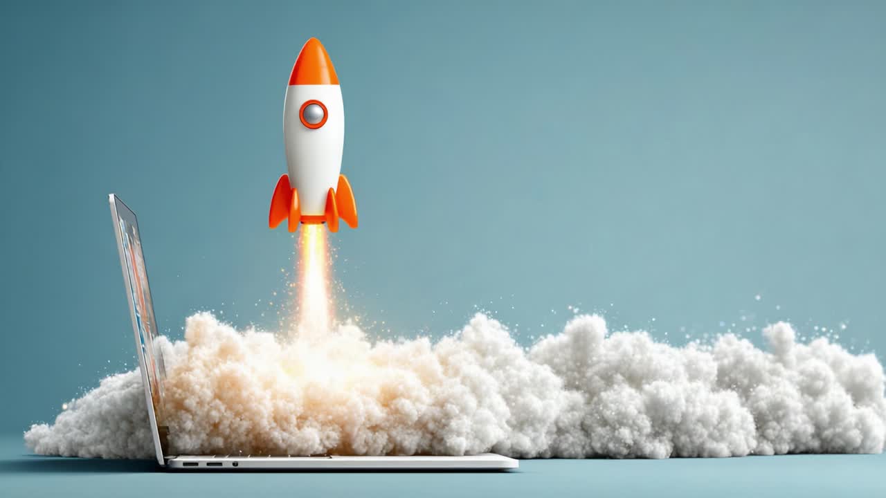 A Digital Launch: A Cartoon-Style Rocket Ascending from a Laptop with Clouds of Smoke, Symbolizing Innovation and Technology Advancement