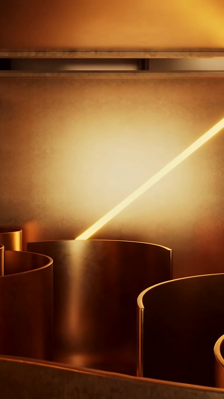 Vertical video: Sweeping beam entering metal shelf, lighting cylinder rims and reflections