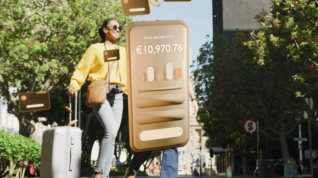 Couple crossing street, bank panel descending showing balance, coins orbiting couple signaling trip