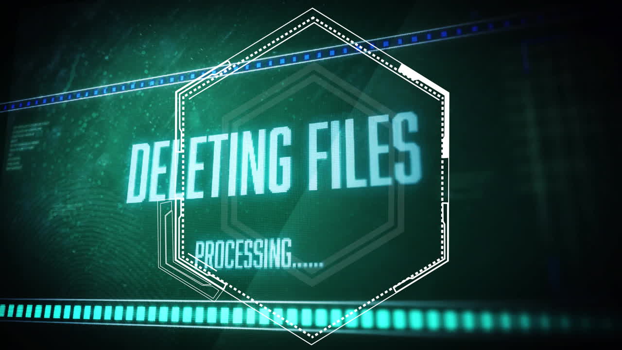 Animation of digital data processing and deleting files text over black background