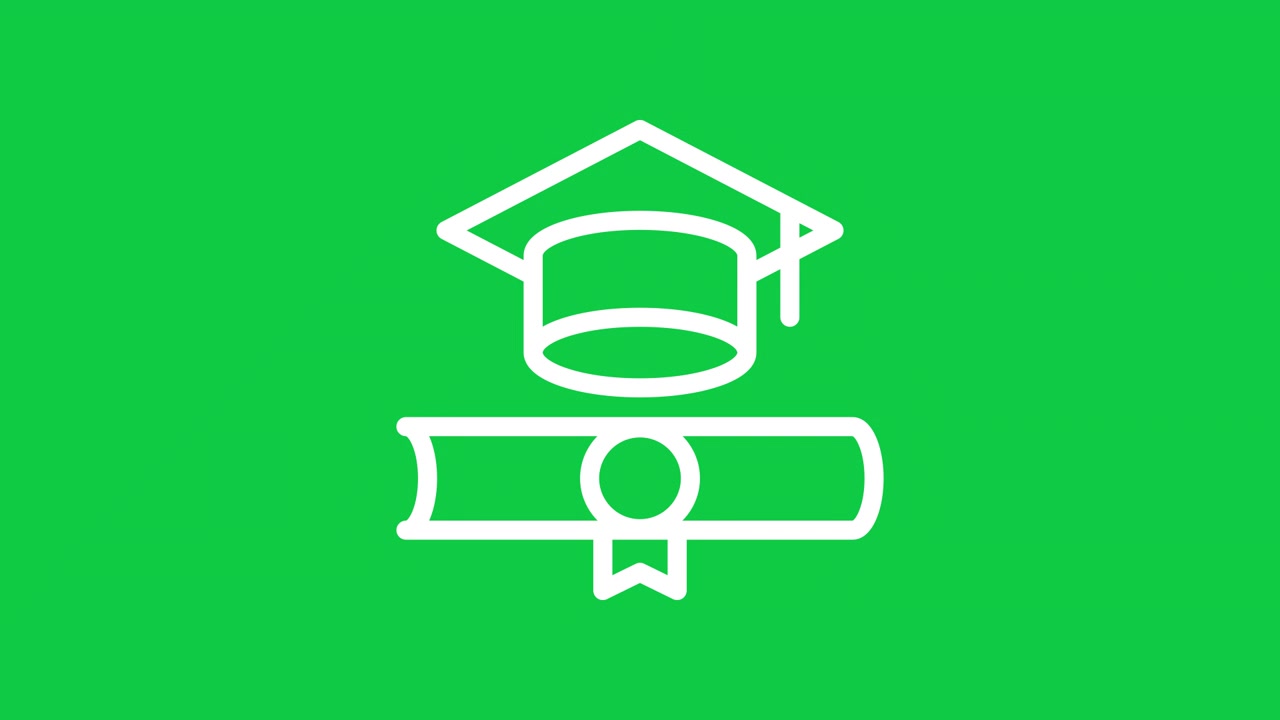 White Graduation Cap and Diploma Icon Animation on Green Screen