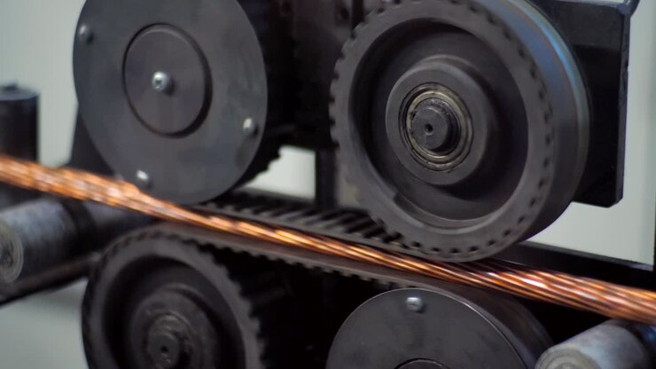 The manufacturing process of electrical cable made from copper wire. Clouce-up plan drawn copper wire.