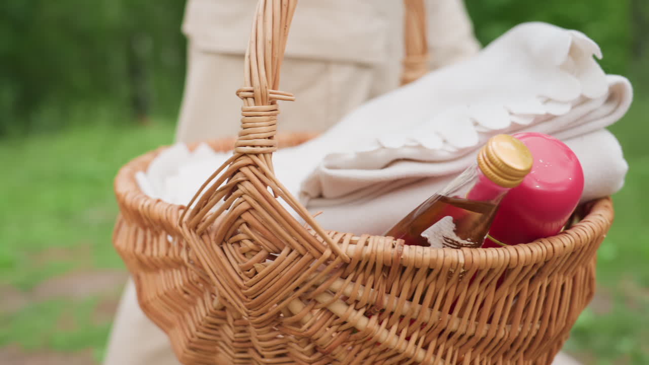 접힌 담요, 빨간 물통, 기름통이 담긴 등나무 피크닉 바구니를 확대하고, 화창한 날에 한 사람이 초록색 숲길을 걸어갈 때 살짝 흔들리는 모습, 평온한 야외 피크닉
