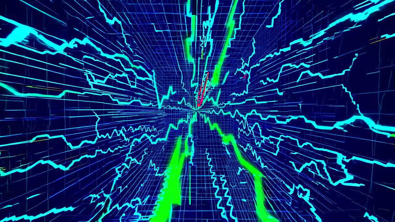 Dynamic video concept with a futuristic, digital grid pattern. The camera angle is a forward-facing