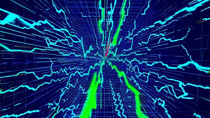 Dynamic video concept with a futuristic, digital grid pattern. The camera angle is a forward-facing