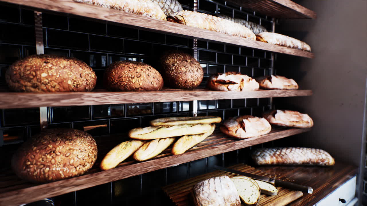 Fresh bread on shelves in bakery