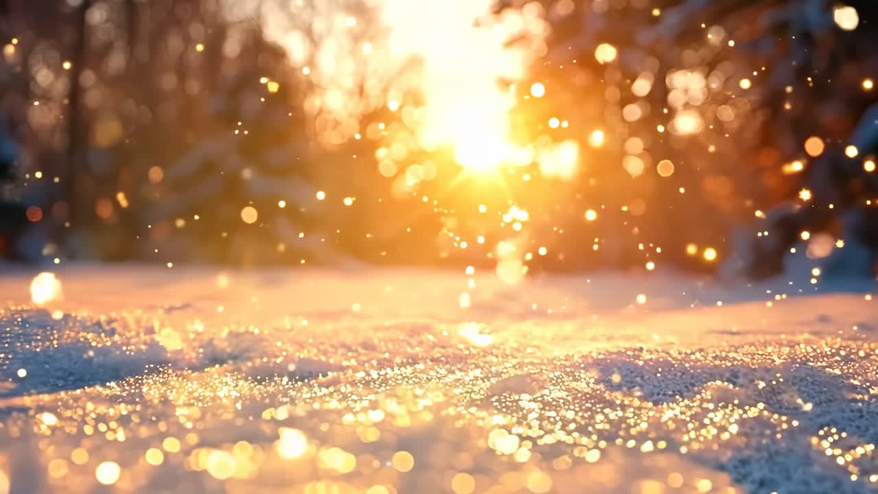 A snow covered field with a bright sun in the background. The sun is shining through the snow and creating a beautiful, serene atmosphere