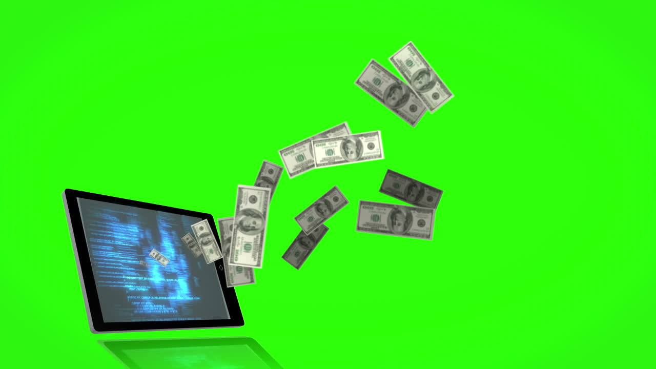 녹색 화면 배경에 있는 태블릿에서 나오는 돈