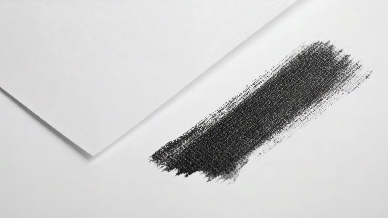 Shifting top paper sheet sliding on white tabletop, camera tightening frame centering black swatch