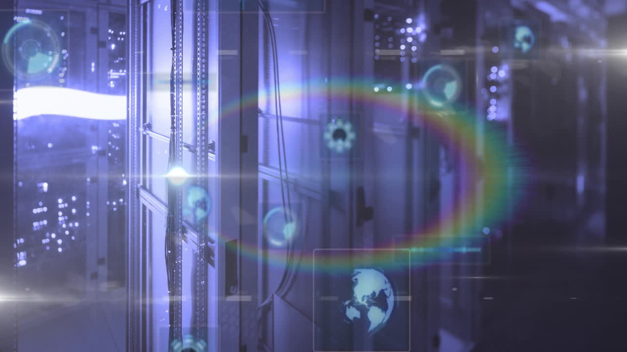 Data processing animation over servers with digital globe and rainbow effect