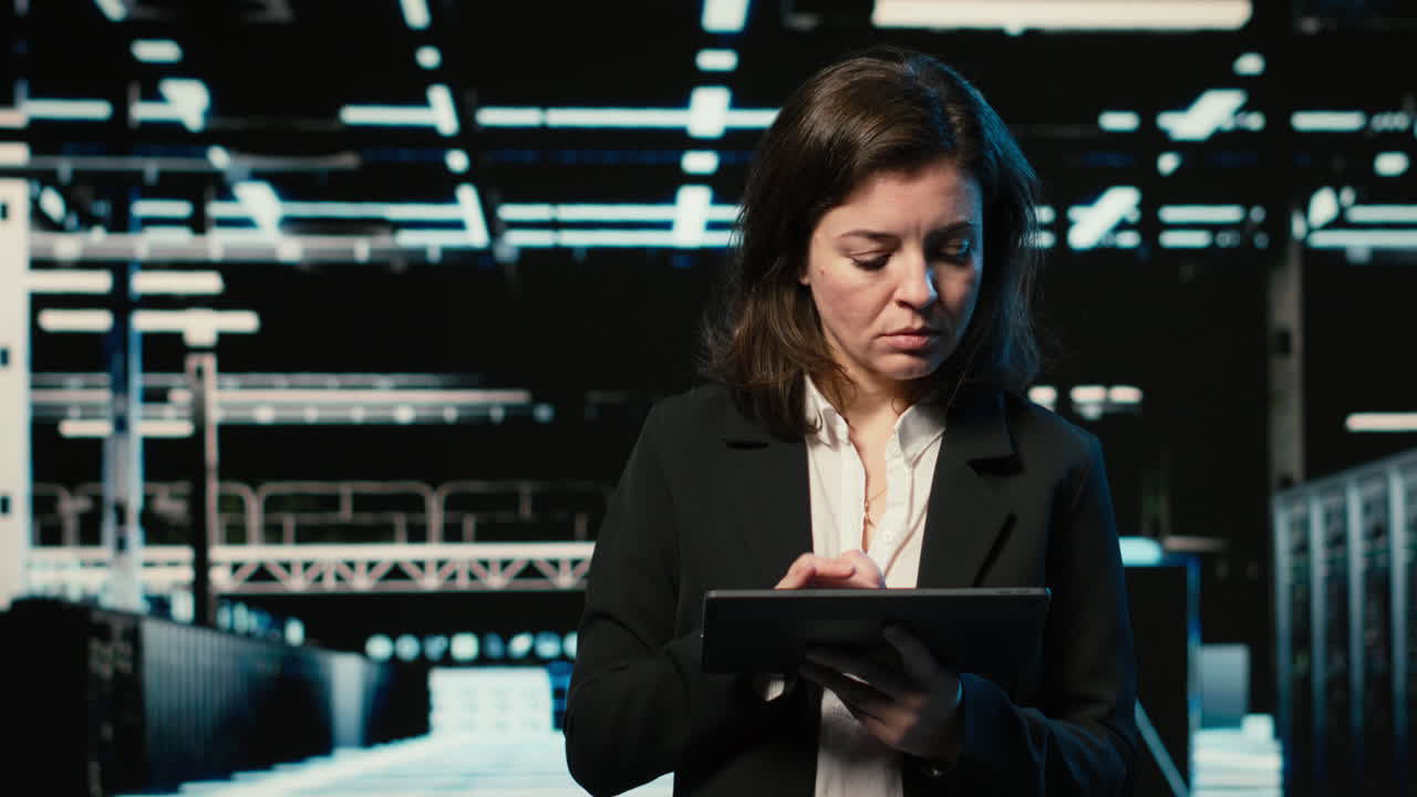 Ingegnere donna sorridente in un data center ispeziona rig con mesh wireframe blu, VFX