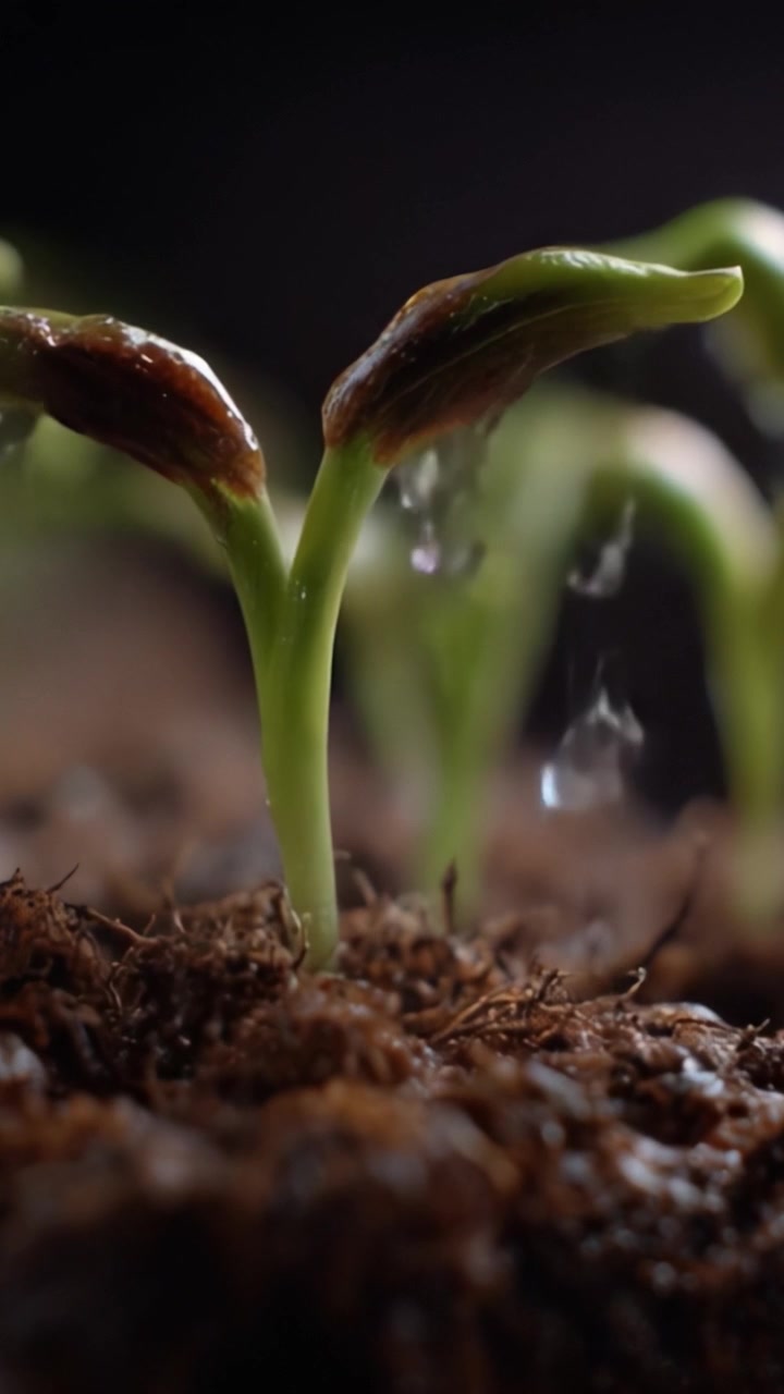 Primo piano di piantine che germogliano nel terreno umido con goccioline d'acqua, che mostra le prime fasi di crescita e la bellezza del processo di rinnovamento della natura.